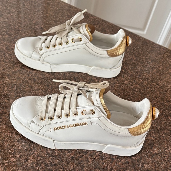 Dolce & Gabbana Shoes - Dolce & Gabbana Ladies White Gold Pearl Accent Sneakers-6